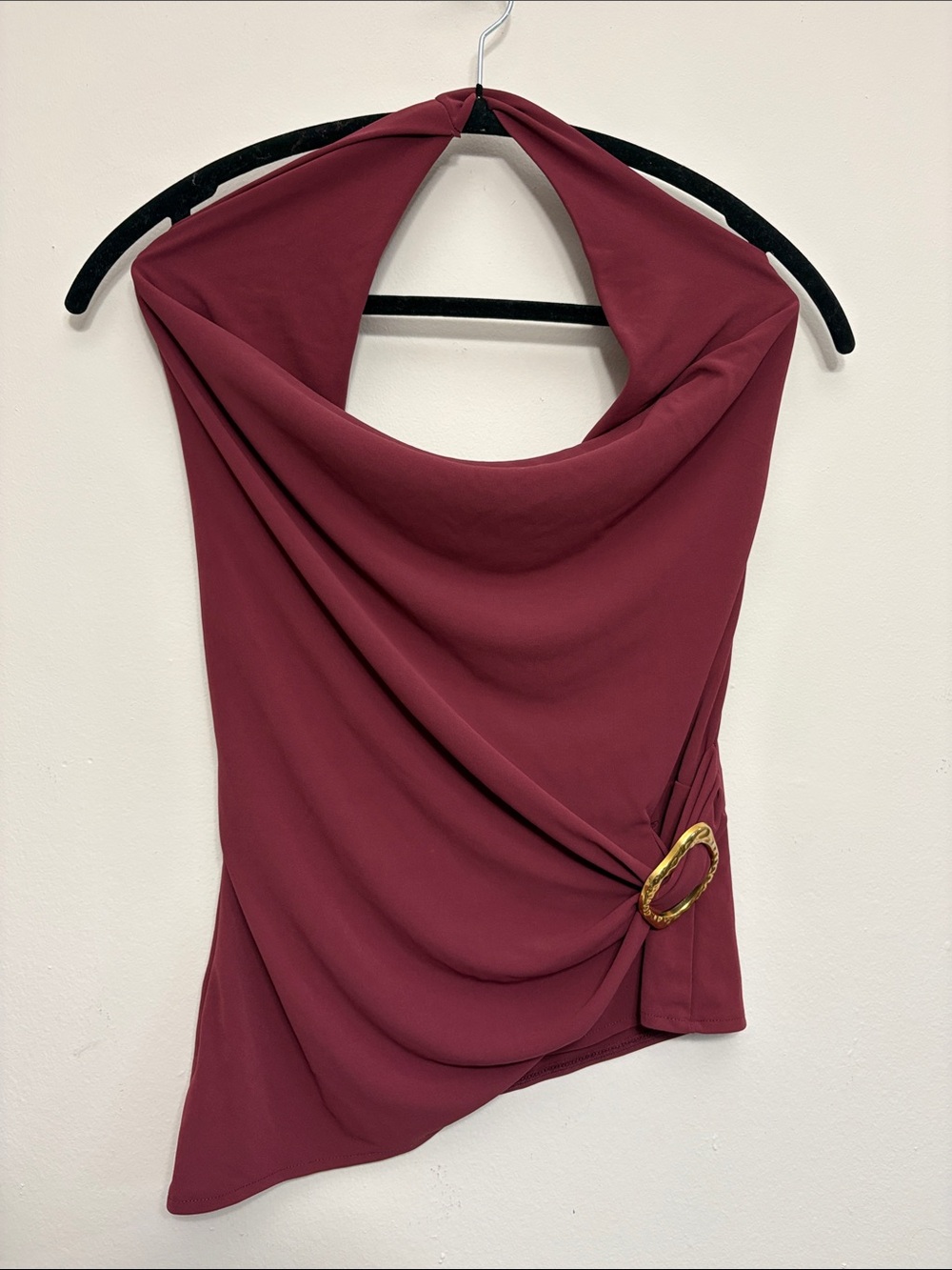 Zara Draped Halter Top in Deep Wine with Gold Buckle